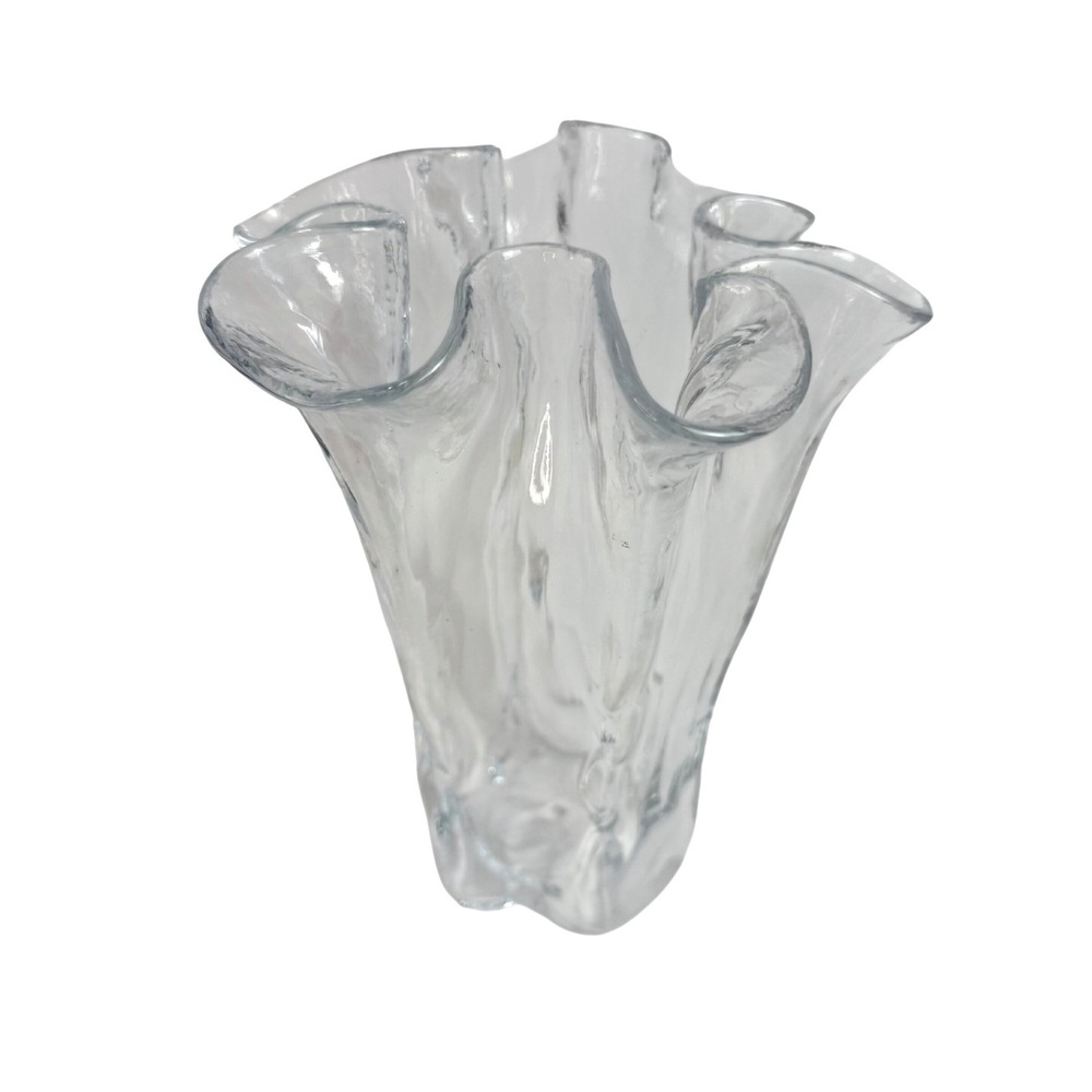 Vintage Muurla Finland Eva Ruffled Handkerchief Vase 8in Clear Blown Glass